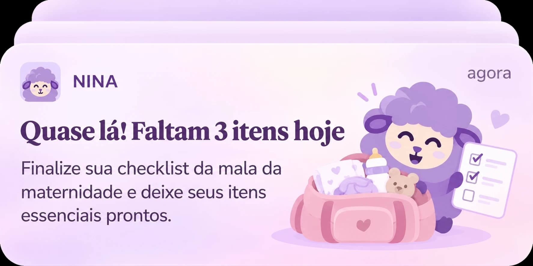 Ilustração de um aviso da Nina sobre a mala da maternidade, com a ovelhinha e uma lista marcada.