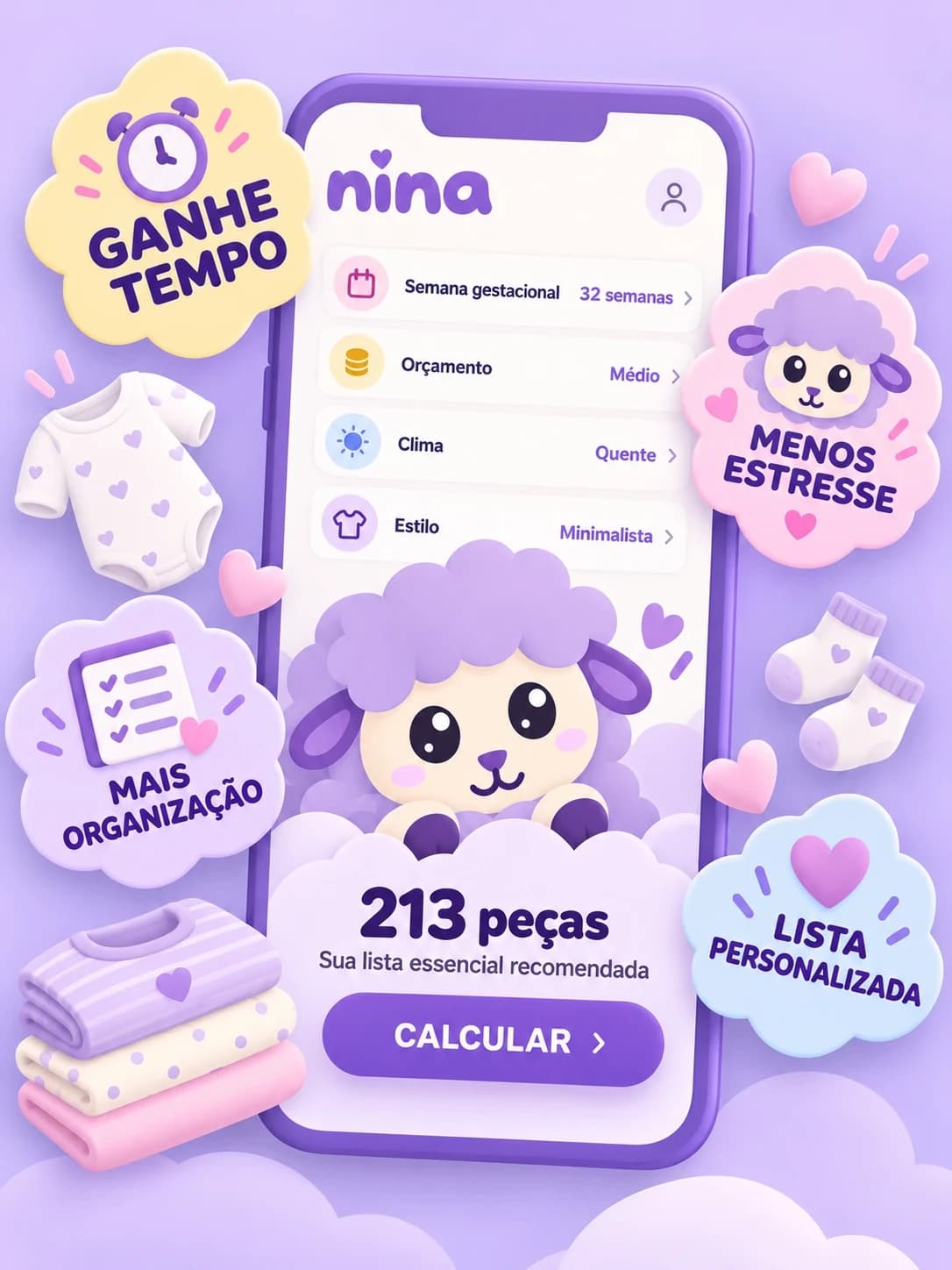 Ilustração de um celular com a lista sob medida da ovelhinha, entre os selos “Ganhe tempo”, “Menos estresse”, “Mais organização” e “Lista personalizada”.