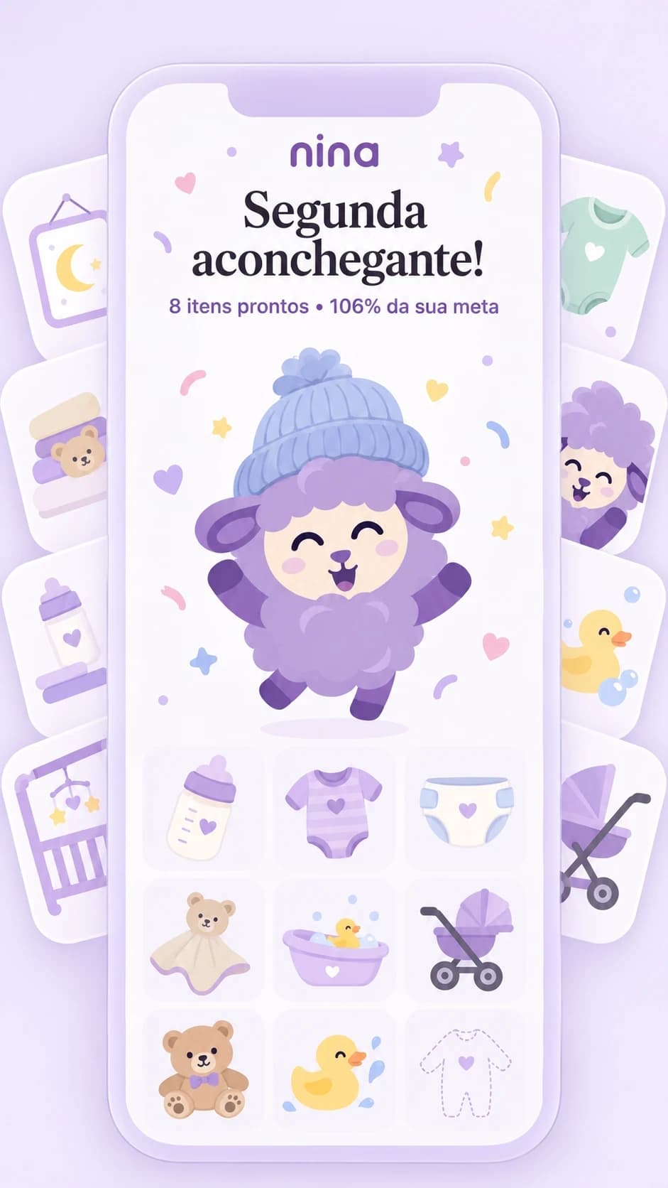 Ilustração de um celular com a ovelhinha comemorando os itens prontos, entre cartões de peças do enxoval.
