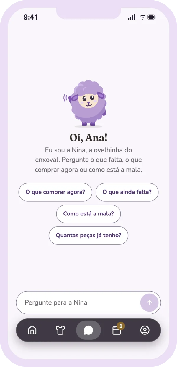 Tela da Nina no app com a família de exemplo: “Oi, Ana!” e as perguntas prontas.