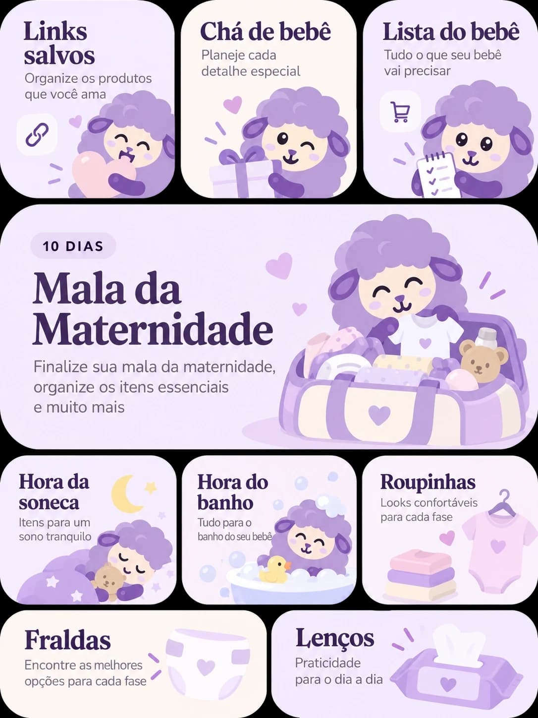 Ilustração dos quadros das listas: links salvos, chá de bebê, lista do bebê, mala da maternidade, hora da soneca, hora do banho, roupinhas, fraldas e lenços, com a ovelhinha.