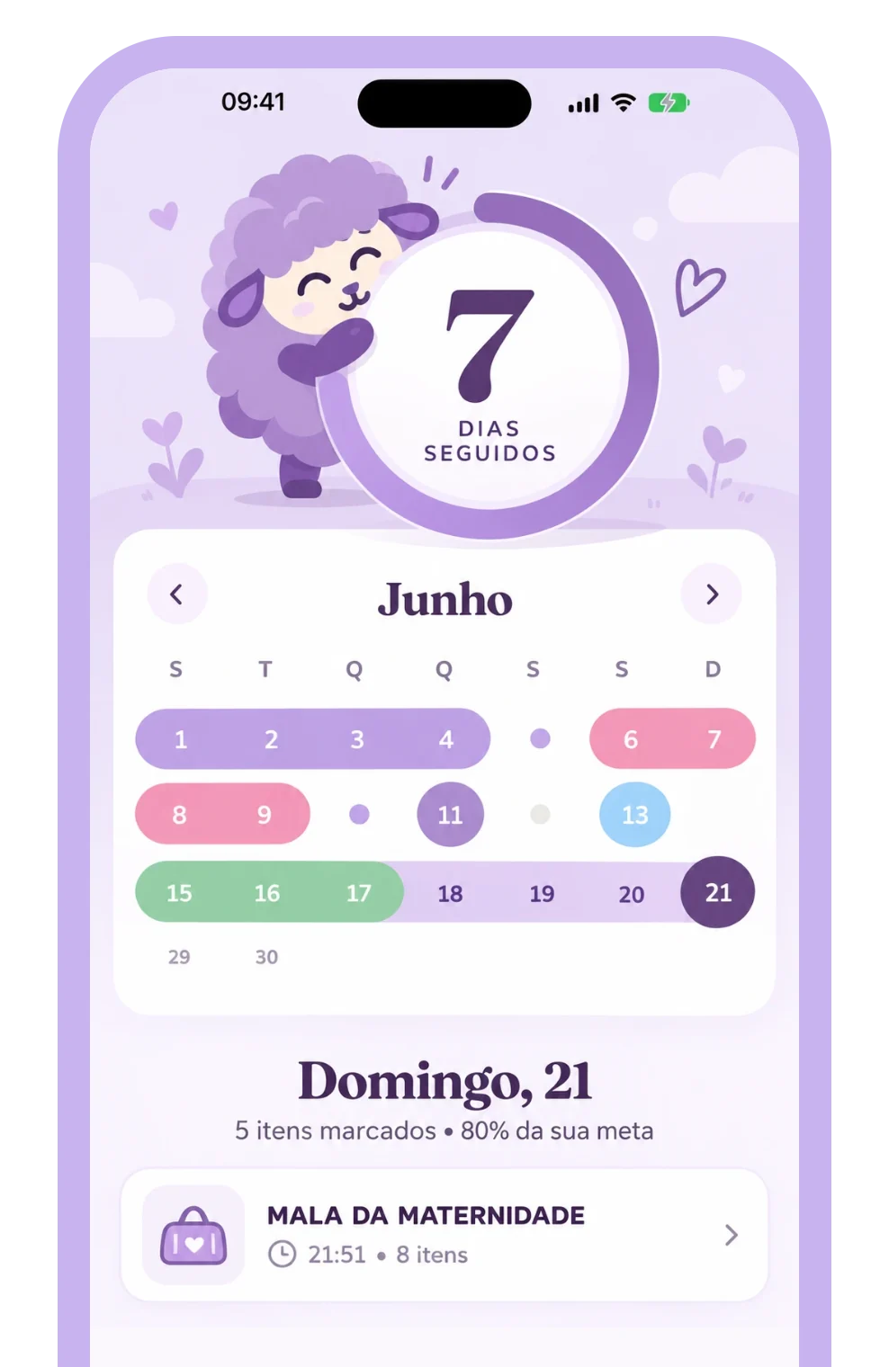 Ilustração de um calendário com a ovelhinha, os dias seguidos e o que já foi marcado em cada dia.