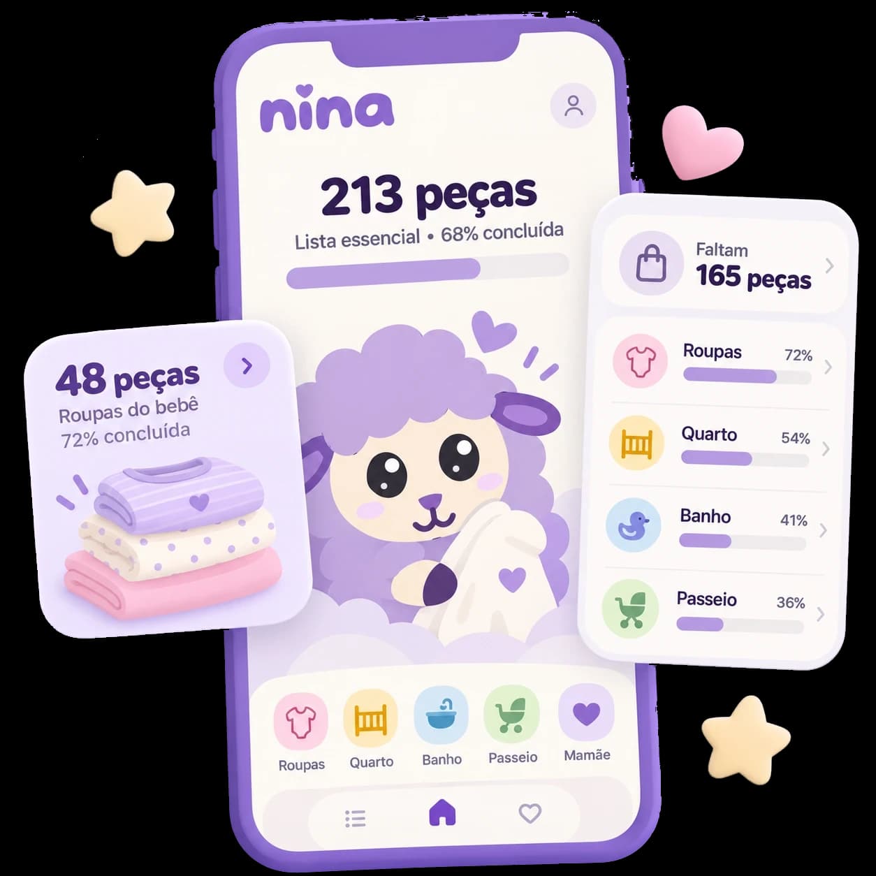 Ilustração do app com a ovelhinha: 213 peças na lista essencial, 68% concluída, os cartões das roupas do bebê e o progresso de cada lista.