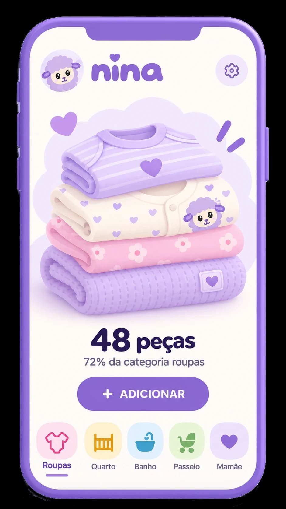 Ilustração de um celular com uma pilha de roupinhas, a contagem de peças e as categorias do enxoval.